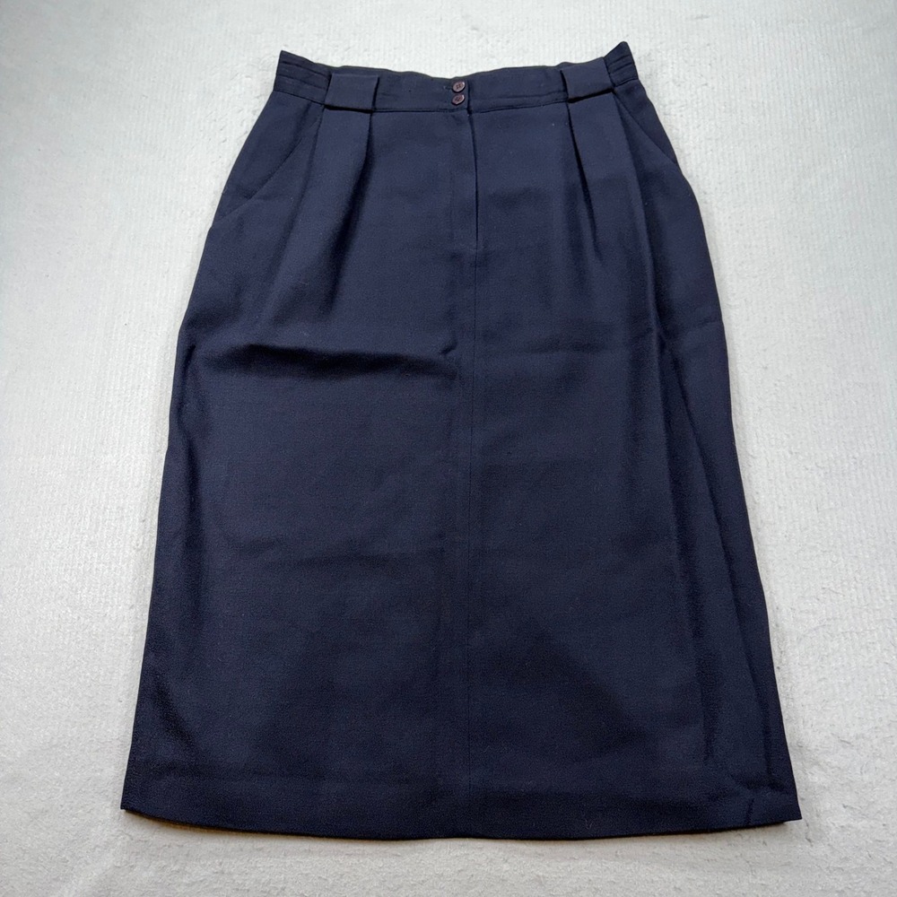 Jones New York Wool Skirt Womens 16 Navy Blue Vintage Pleated Midi Made in USA